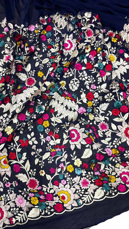 Exquisite Blue Hand Embroidered Parsi Gara Pure Georgette Saree - Luxurion World