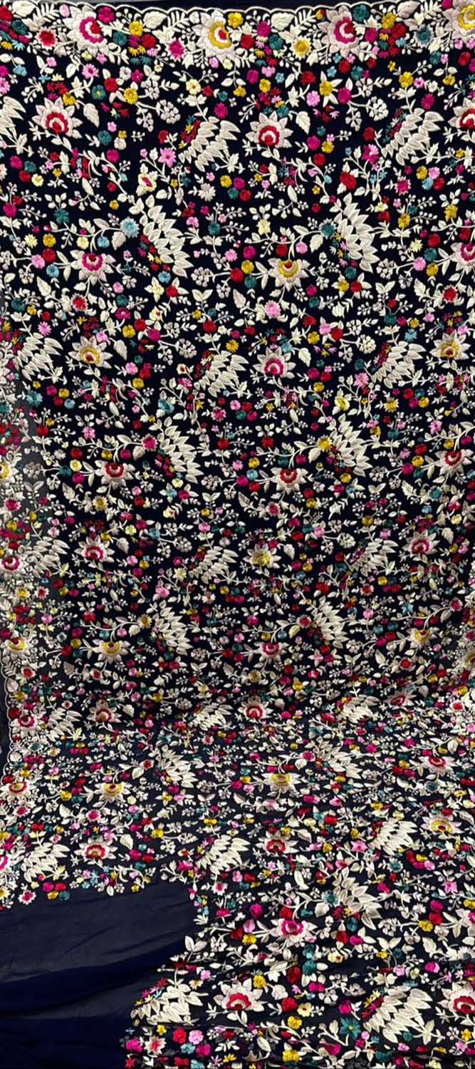 Exquisite Blue Hand Embroidered Parsi Gara Pure Georgette Saree - Luxurion World