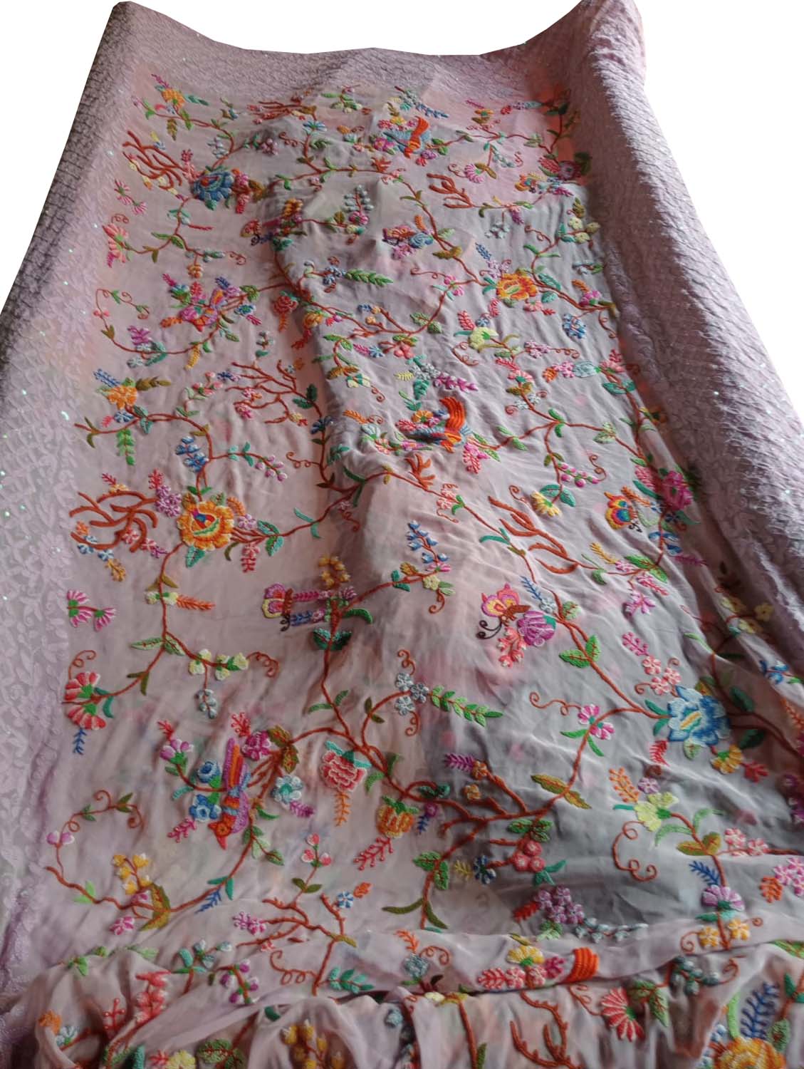 Light Pink French Knot Hand Embroidered Pure Georgette Saree With Chikankari Sequins Work Border - Luxurion World