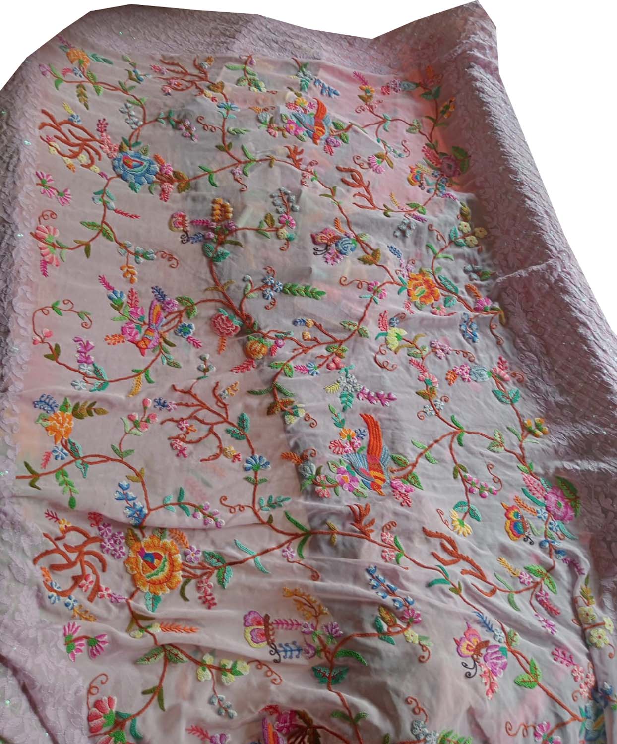 Light Pink French Knot Hand Embroidered Pure Georgette Saree With Chikankari Sequins Work Border - Luxurion World