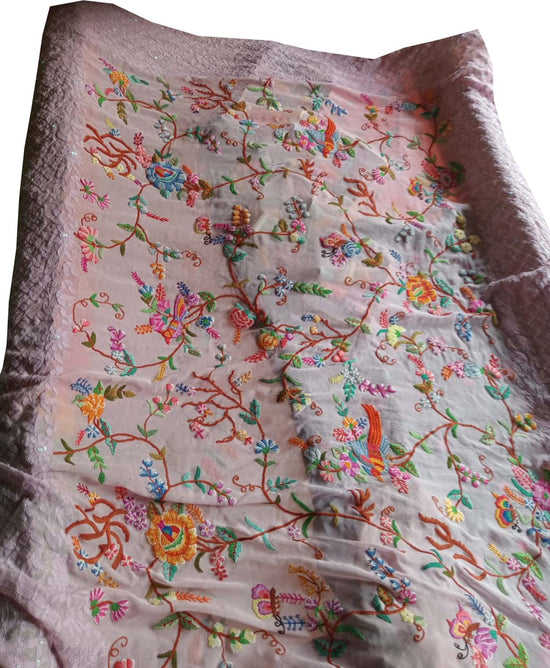 Light Pink Georgette Chikankari Saree with Multicolor Floral Embroidery