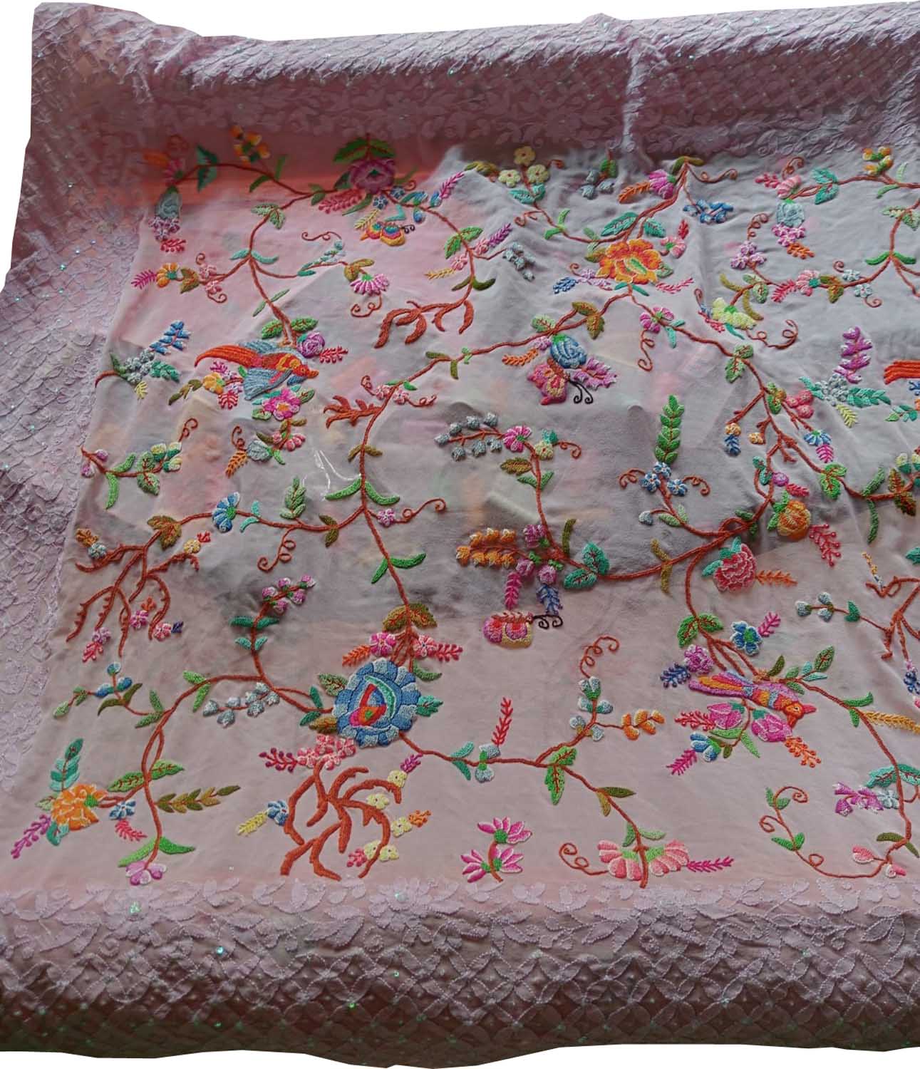 Light Pink French Knot Hand Embroidered Pure Georgette Saree With Chikankari Sequins Work Border - Luxurion World