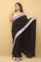 Black Hand Embroidered Parsi Gara Pure Crepe Saree - Luxurion World