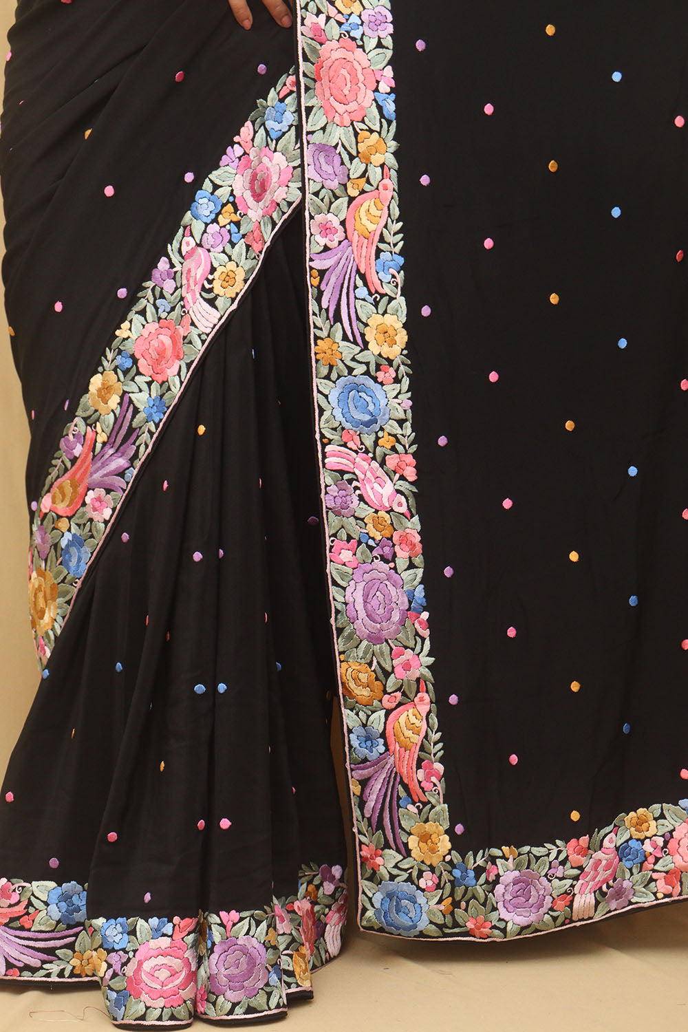 Black Hand Embroidered Parsi Gara Pure Crepe Saree - Luxurion World
