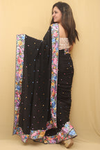 Black Hand Embroidered Parsi Gara Pure Crepe Saree - Luxurion World