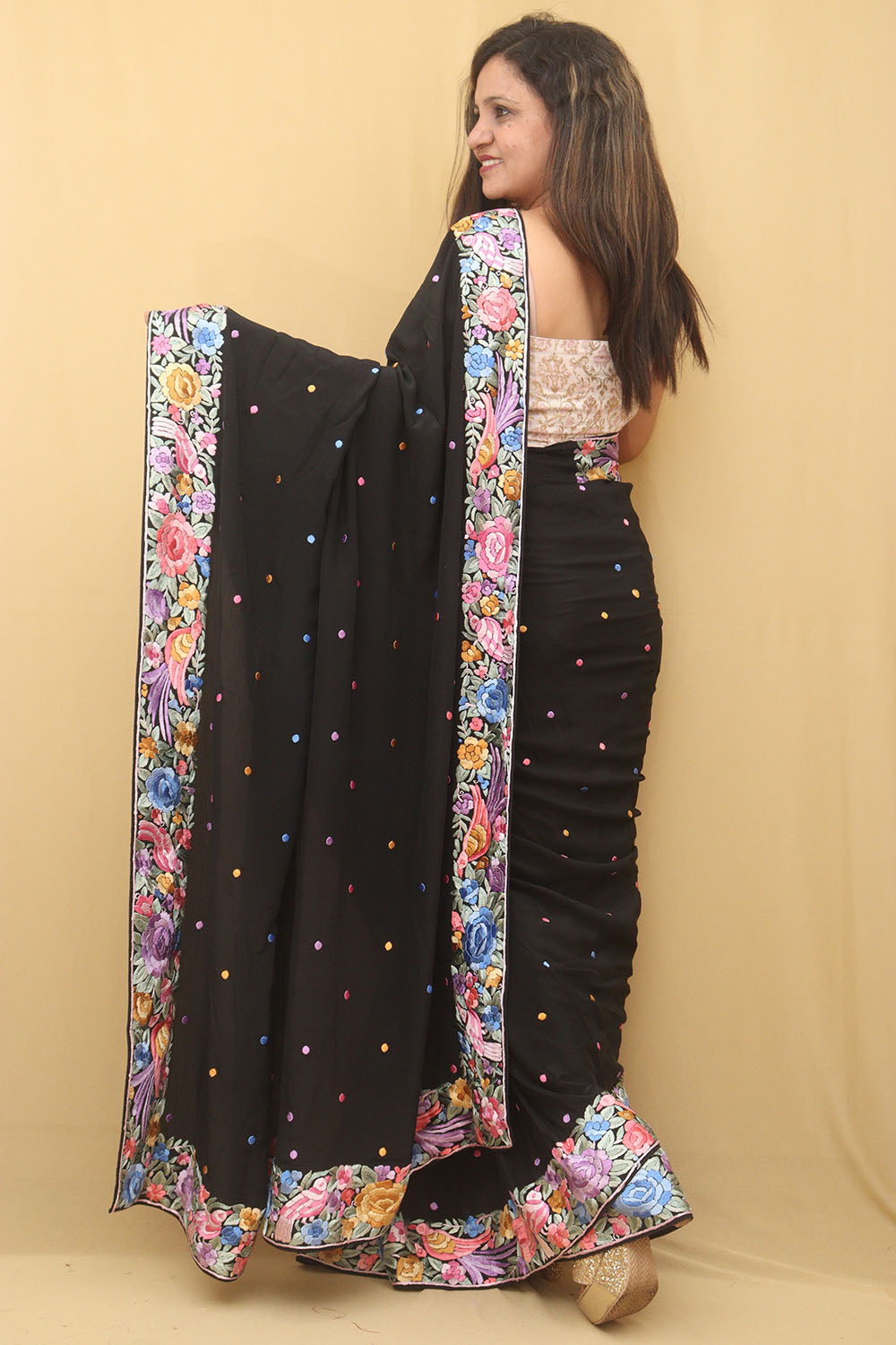 Black Hand Embroidered Parsi Gara Pure Crepe Saree - Luxurion World