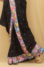 Black Hand Embroidered Parsi Gara Pure Crepe Saree - Luxurion World