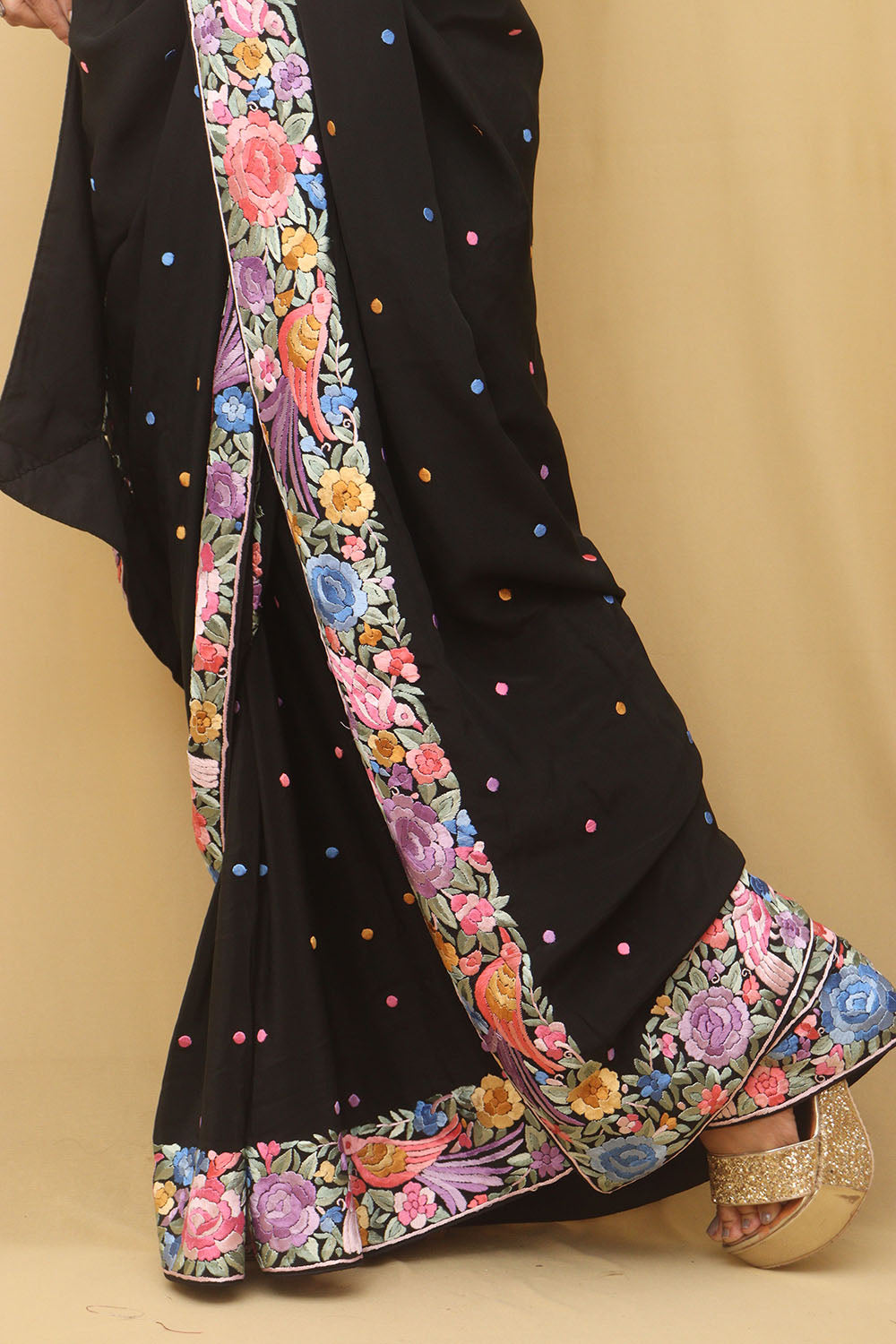Black Hand Embroidered Parsi Gara Pure Crepe Saree - Luxurion World