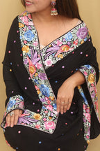 Black Hand Embroidered Parsi Gara Pure Crepe Saree - Luxurion World