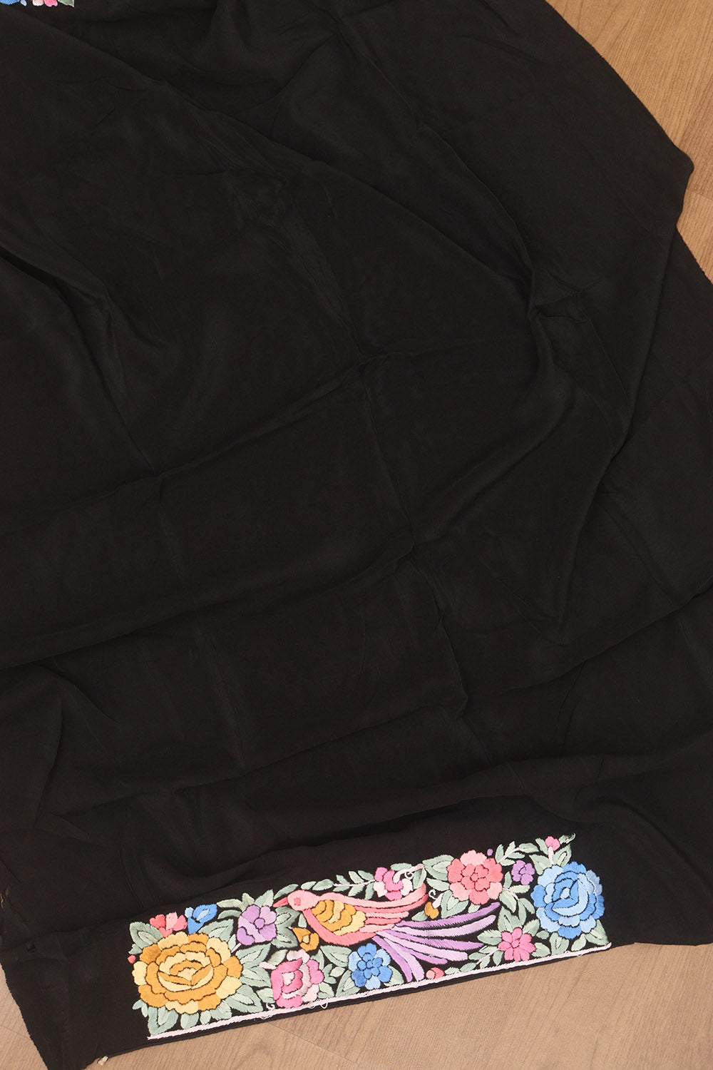 Black Hand Embroidered Parsi Gara Pure Crepe Saree - Luxurion World