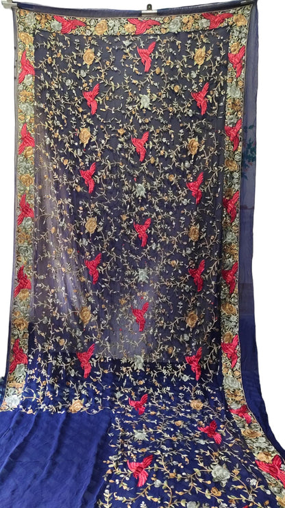 Exquisite Blue Parsi Gara Saree with Hand Embroidered Bird and Flower Design in Pure Georgette - Luxurion World