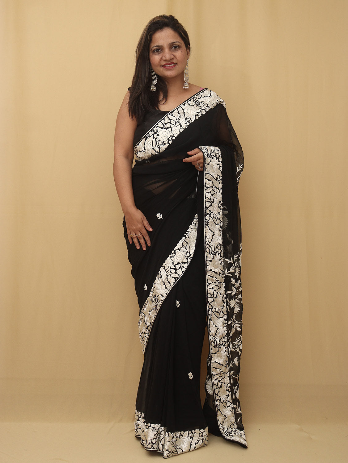 Exquisite Black Hand Embroidered Parsi Gara Saree with Pure Georgette and Floral Design