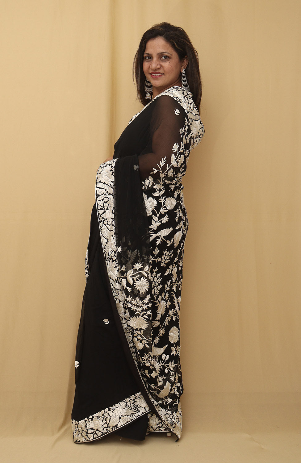 Exquisite Black Hand Embroidered Parsi Gara Saree with Pure Georgette and Floral Design - Luxurion World