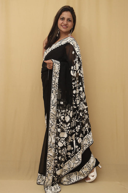 Exquisite Black Hand Embroidered Parsi Gara Saree with Pure Georgette and Floral Design - Luxurion World