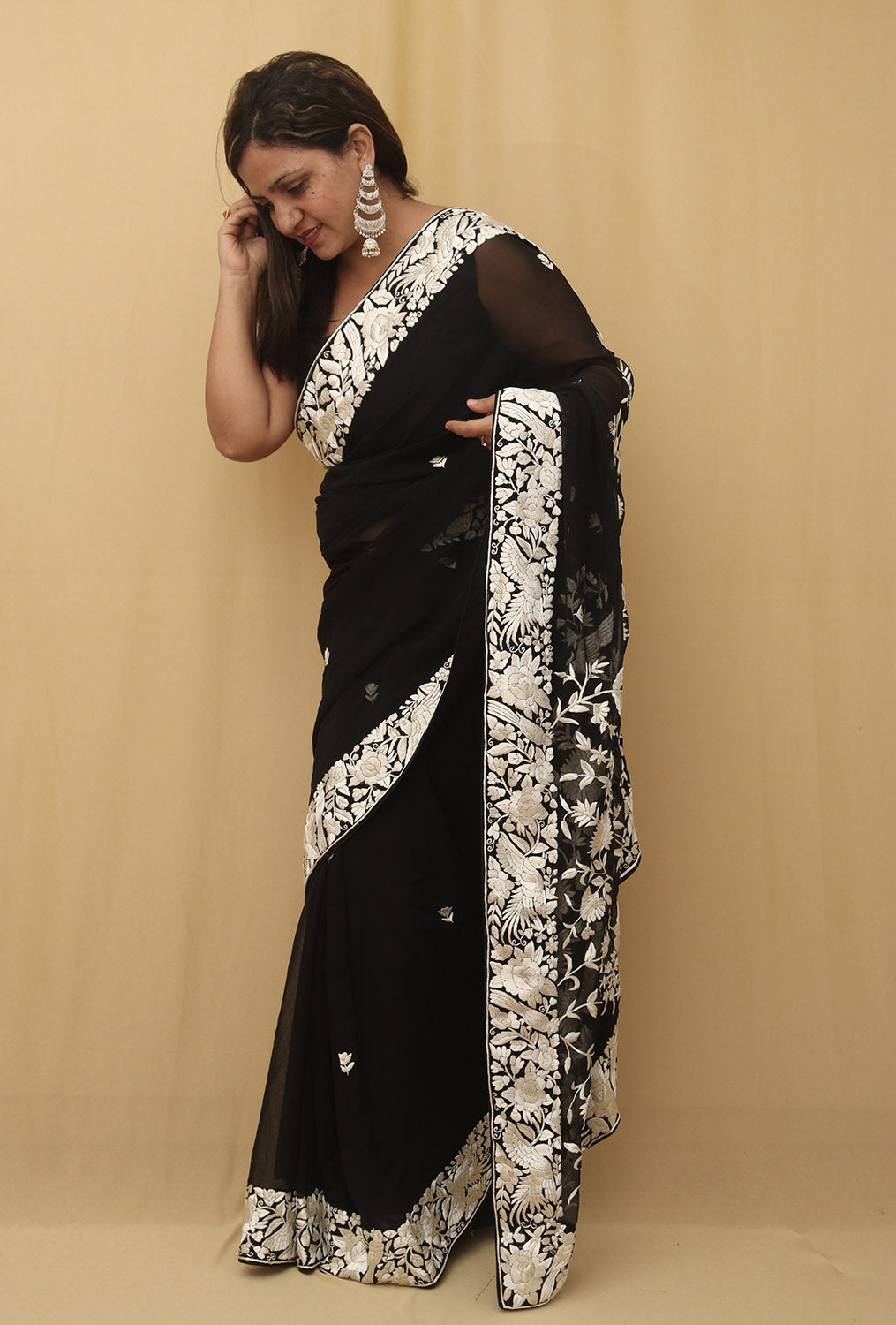 Exquisite Black Hand Embroidered Parsi Gara Saree with Pure Georgette and Floral Design - Luxurion World