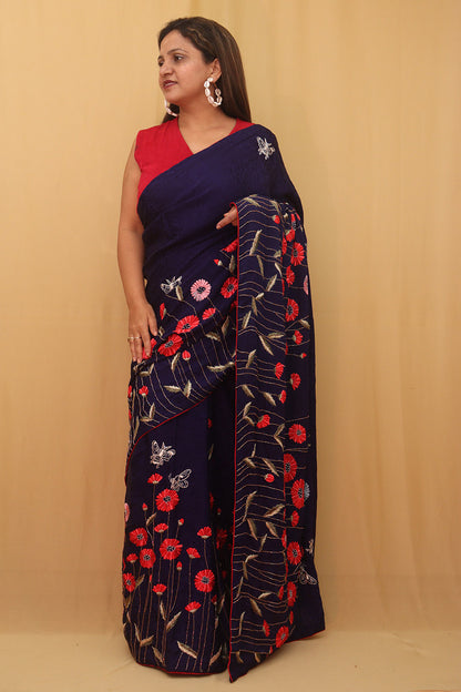 Parsi Gara Crepe Saree with Hand Embroidered Purple Floral Design - Luxurion World
