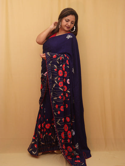Parsi Gara Crepe Saree with Hand Embroidered Purple Floral Design - Luxurion World