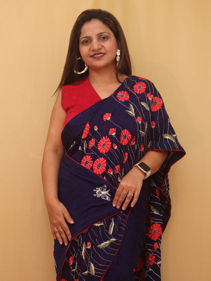 Parsi Gara Crepe Saree with Hand Embroidered Purple Floral Design - Luxurion World