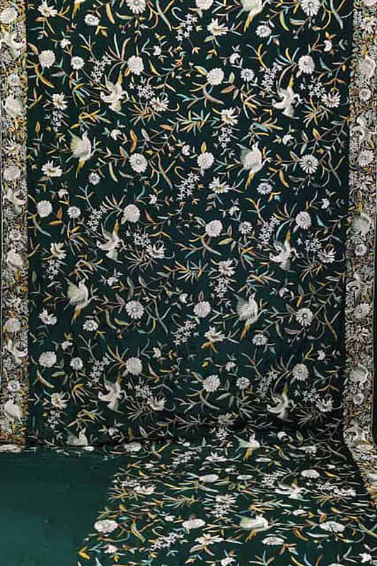 Green Hand Embroidered Parsi Gara Crepe Bird And Floral Design Saree - Luxurion World