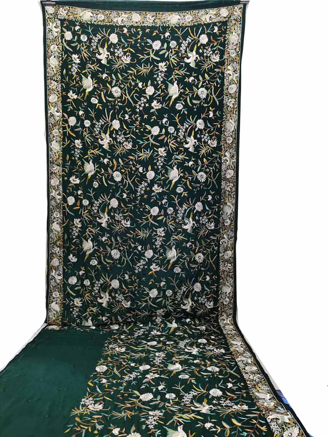 Green Hand Embroidered Parsi Gara Crepe Bird And Floral Design Saree - Luxurion World