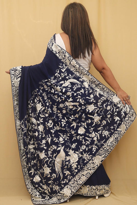 Exquisite Blue Parsi Gara Hand Embroidered Crepe Saree - Luxurion World