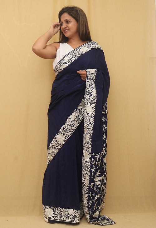 Exquisite Blue Parsi Gara Hand Embroidered Crepe Saree - Luxurion World