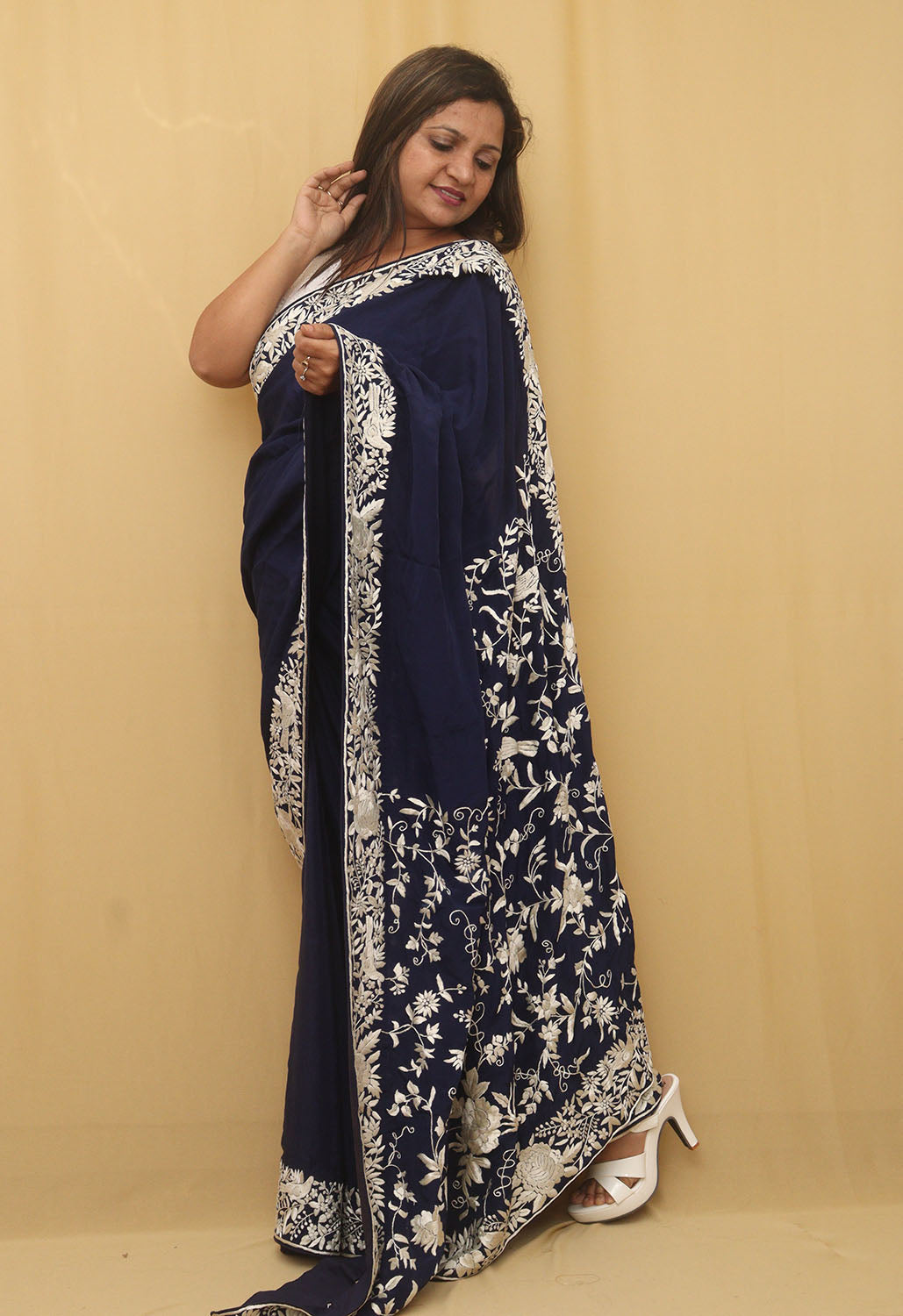 Exquisite Blue Parsi Gara Hand Embroidered Crepe Saree - Luxurion World