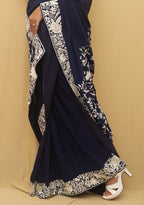 Exquisite Blue Parsi Gara Hand Embroidered Crepe Saree - Luxurion World