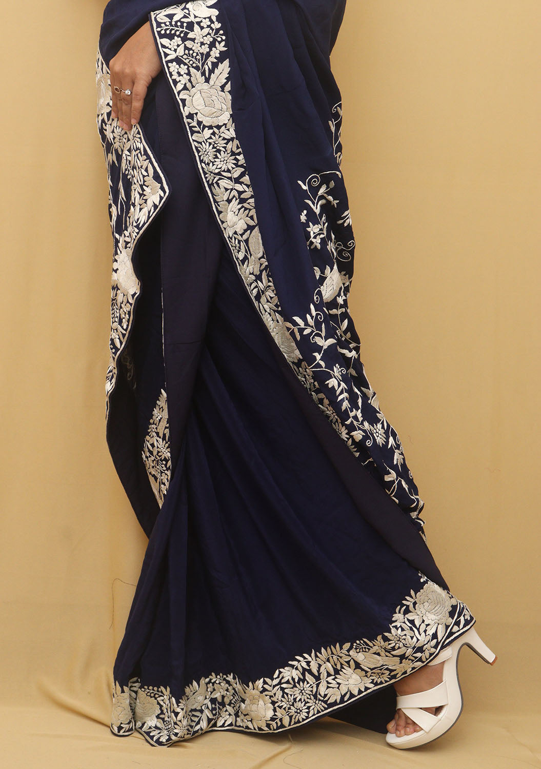 Exquisite Blue Parsi Gara Hand Embroidered Crepe Saree - Luxurion World