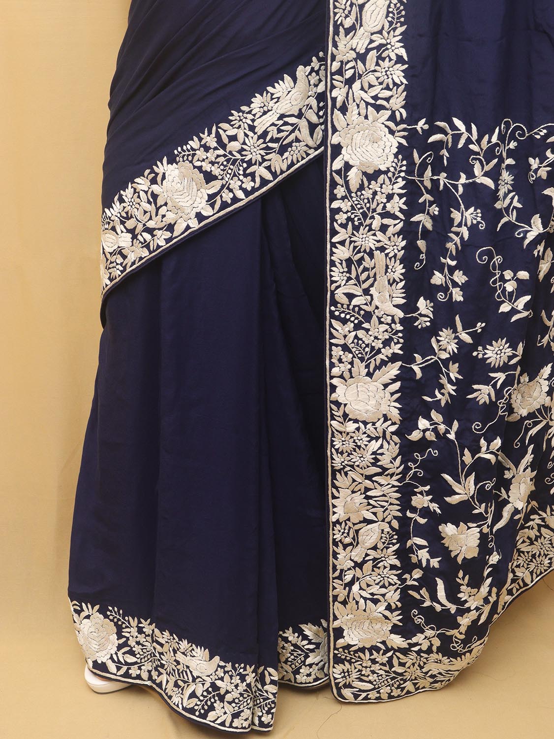 Exquisite Blue Parsi Gara Hand Embroidered Crepe Saree - Luxurion World