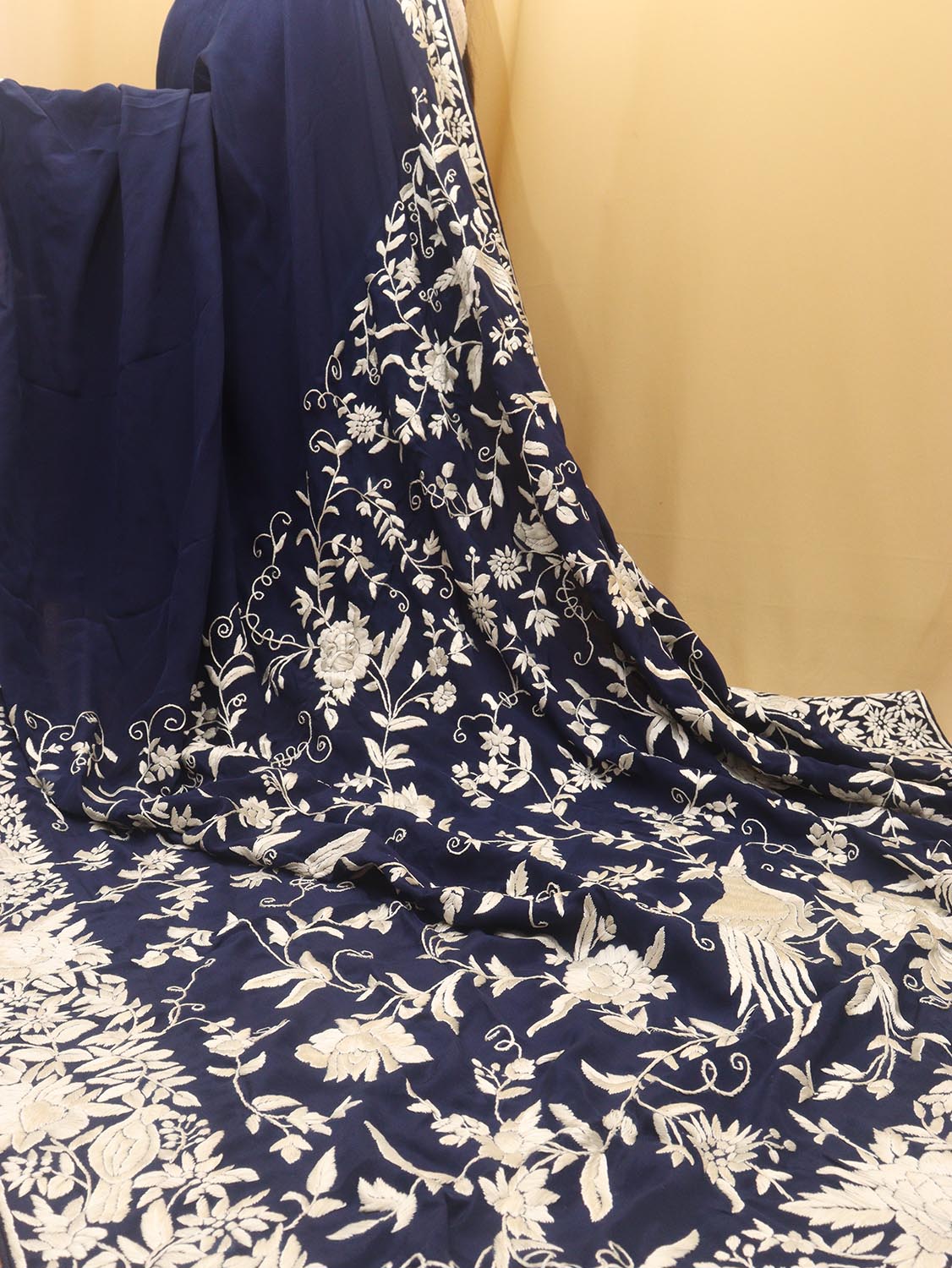Exquisite Blue Parsi Gara Hand Embroidered Crepe Saree - Luxurion World