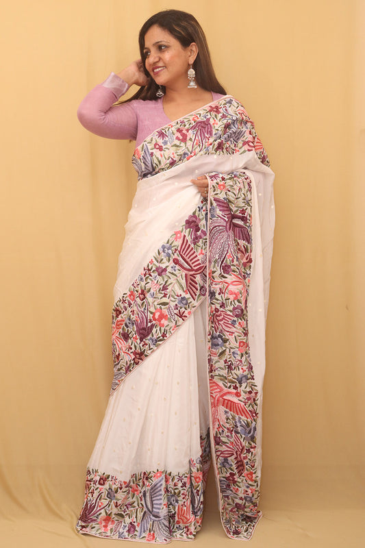 Off White Parsi Gara Hand Embroidered Pure Crepe Bird And Flower Design Saree - Luxurion World