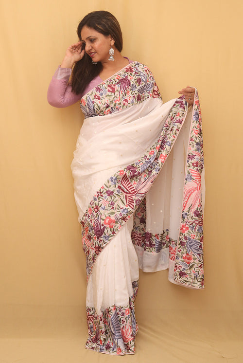 Off White Parsi Gara Hand Embroidered Pure Crepe Bird And Flower Design Saree - Luxurion World