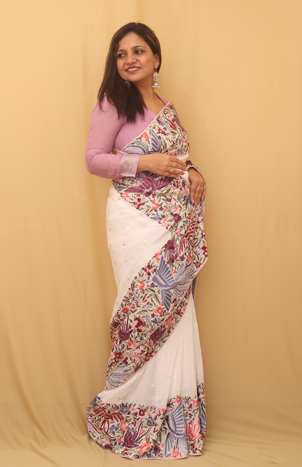 Off White Parsi Gara Hand Embroidered Pure Crepe Bird And Flower Design Saree - Luxurion World