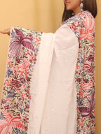 Off White Parsi Gara Hand Embroidered Pure Crepe Bird And Flower Design Saree - Luxurion World