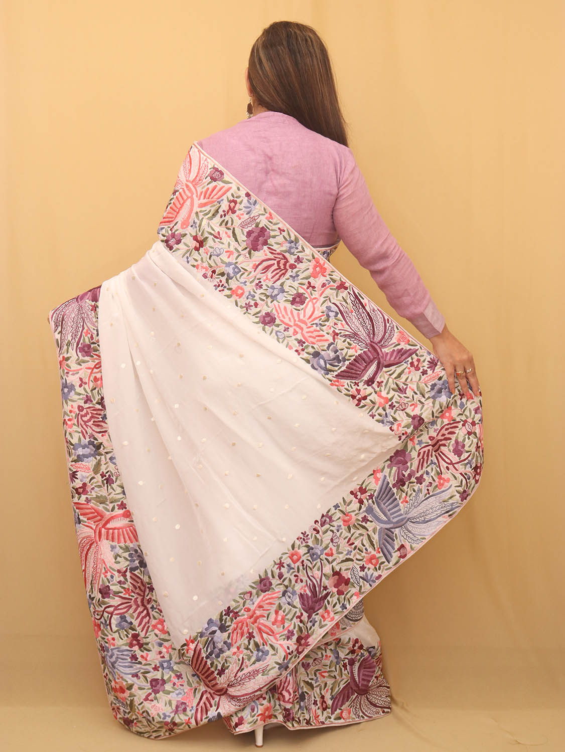 Off White Parsi Gara Hand Embroidered Pure Crepe Bird And Flower Design Saree - Luxurion World