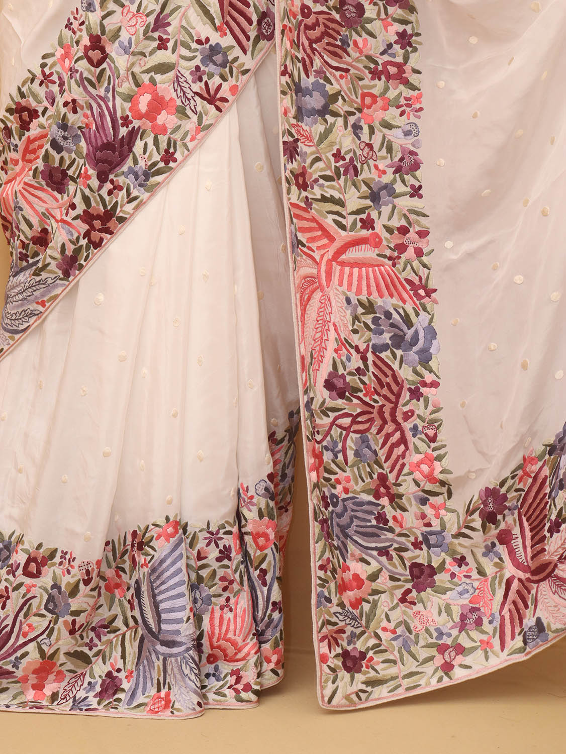 Off White Parsi Gara Hand Embroidered Pure Crepe Bird And Flower Design Saree - Luxurion World