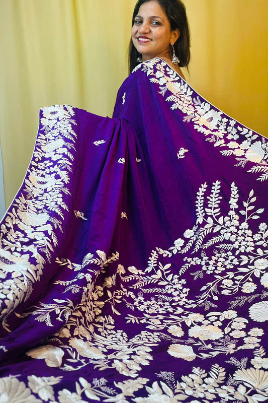 Purple Parsi Gara Hand Embroidered Pure Crepe Flower Design Saree