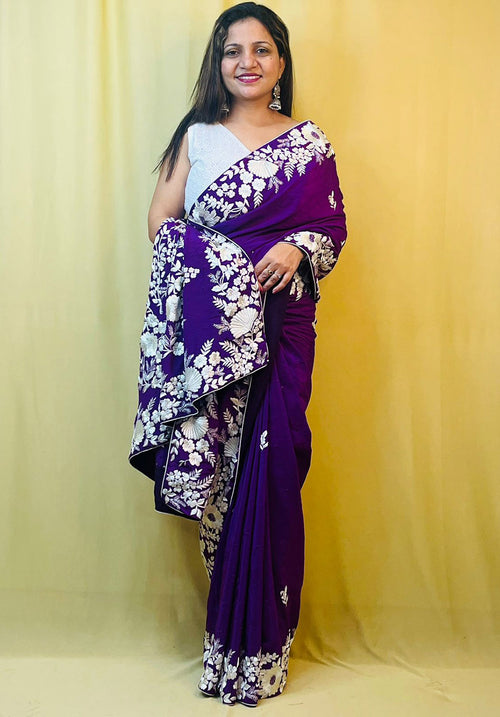 Purple Parsi Gara Hand Embroidered Pure Crepe Flower Design Saree - Luxurion World