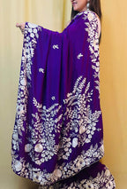 Purple Parsi Gara Hand Embroidered Pure Crepe Flower Design Saree - Luxurion World