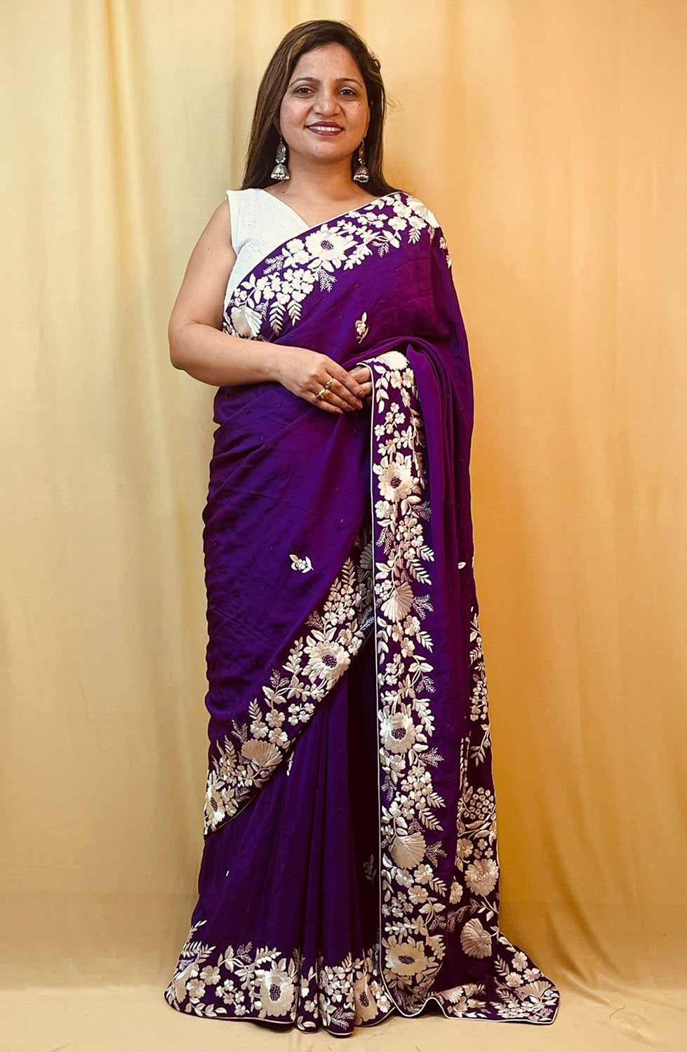 Purple Parsi Gara Hand Embroidered Pure Crepe Flower Design Saree - Luxurion World