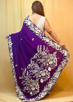 Purple Parsi Gara Hand Embroidered Pure Crepe Flower Design Saree - Luxurion World
