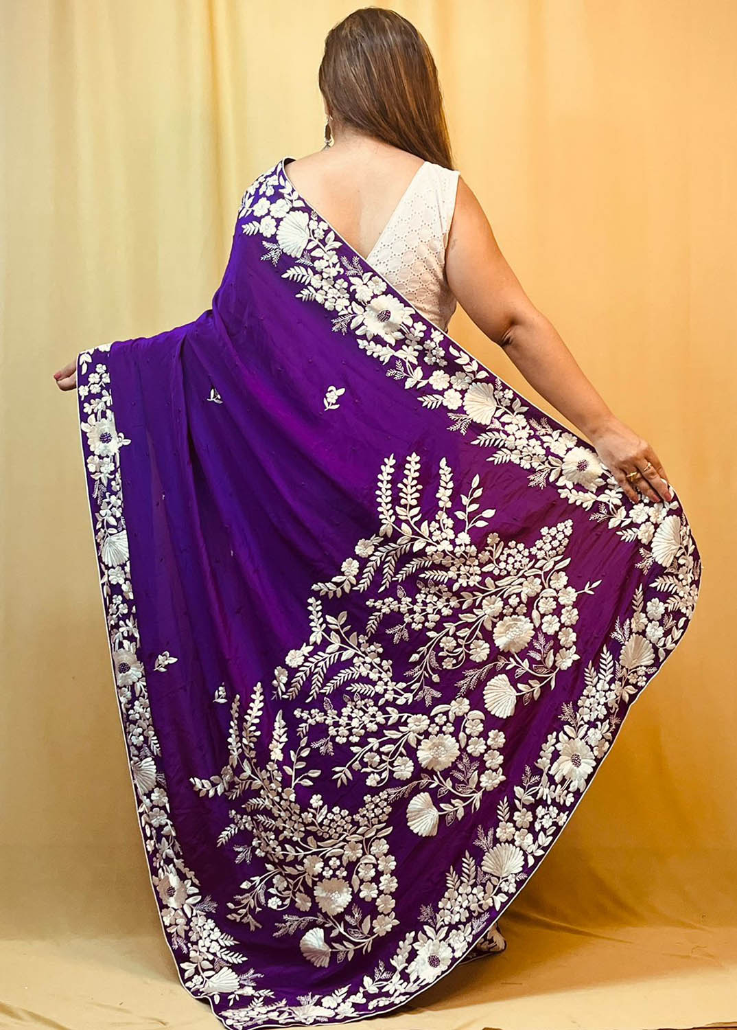 Purple Parsi Gara Hand Embroidered Pure Crepe Flower Design Saree - Luxurion World