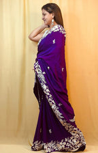 Purple Parsi Gara Hand Embroidered Pure Crepe Flower Design Saree - Luxurion World