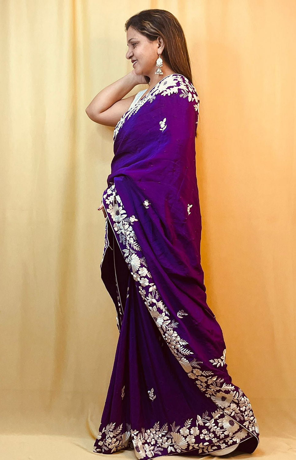 Purple Parsi Gara Hand Embroidered Pure Crepe Flower Design Saree - Luxurion World