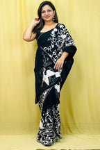 Black Parsi Gara Hand Embroidered Pure Georgette Bird And Flower Design Saree - Luxurion World