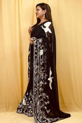 Black Parsi Gara Hand Embroidered Pure Georgette Bird And Flower Design Saree - Luxurion World