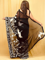 Black Parsi Gara Hand Embroidered Pure Georgette Bird And Flower Design Saree - Luxurion World