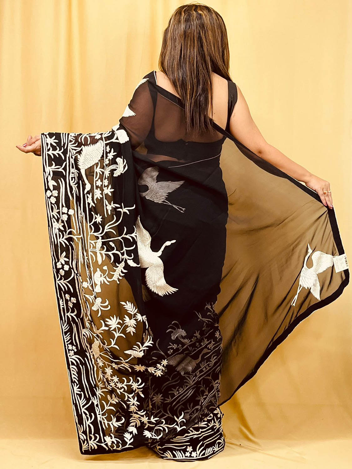 Black Parsi Gara Hand Embroidered Pure Georgette Bird And Flower Design Saree - Luxurion World