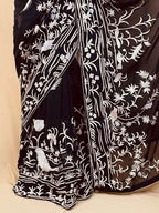 Black Parsi Gara Hand Embroidered Pure Georgette Bird And Flower Design Saree - Luxurion World